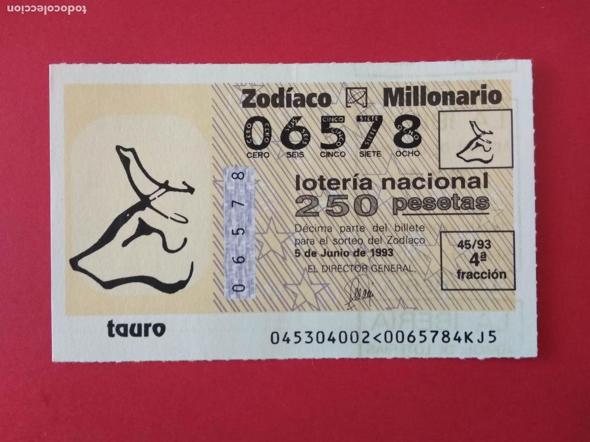 Loter&iacute;a nacional: DECIMO DE LOTERIA NACIONAL A&Ntilde;O 1993 SORTEO DEL ZODIACO N&ordm; 45 TAURO