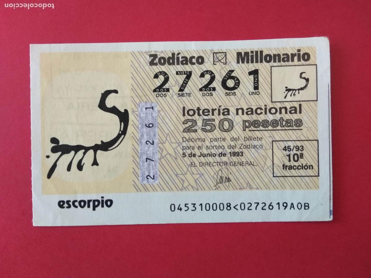 Loter&iacute;a nacional: DECIMO DE LOTERIA NACIONAL A&Ntilde;O 1993 SORTEO DEL ZODIACO N&ordm; 45 ESCORPIO