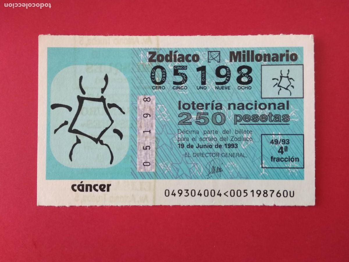 Loter&iacute;a nacional: DECIMO DE LOTERIA NACIONAL A&Ntilde;O 1993 SORTEO DEL ZODIACO N&ordm; 49 CANCER