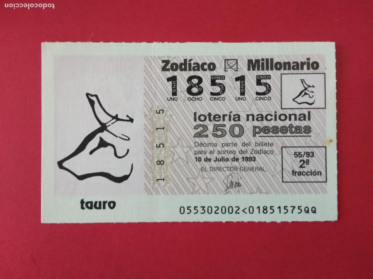 Loter&iacute;a nacional: DECIMO DE LOTERIA NACIONAL A&Ntilde;O 1993 SORTEO DEL ZODIACO N&ordm; 55 TAURO