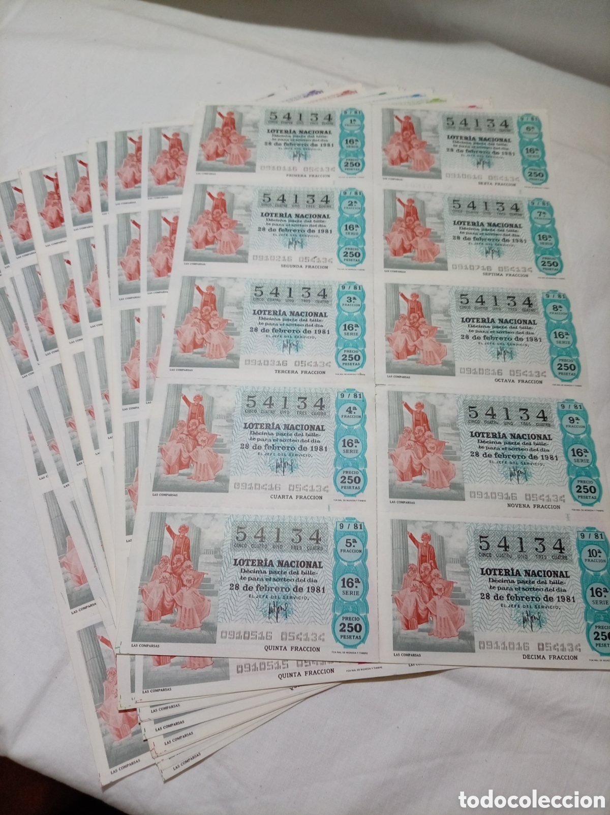 Loter&iacute;a nacional: 160 BILLETES LOTERIA NACIONAL 28/2/1981 N&deg; 54134 SERIES DE LA 1 A LA 16
