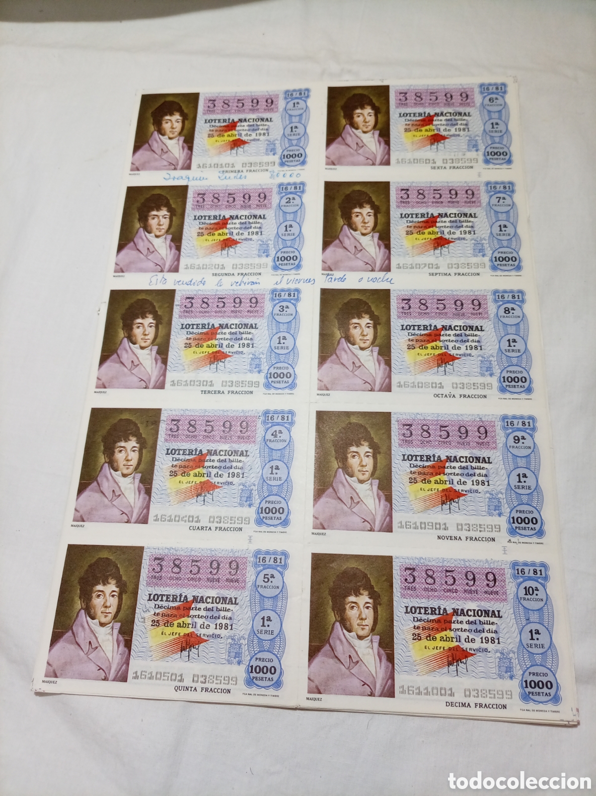 Loter&iacute;a nacional: 80 BILLETES LOTERIA NACIONAL 25/4/1981 N&deg; 38599 SERIES DE LA 1 A LA 8