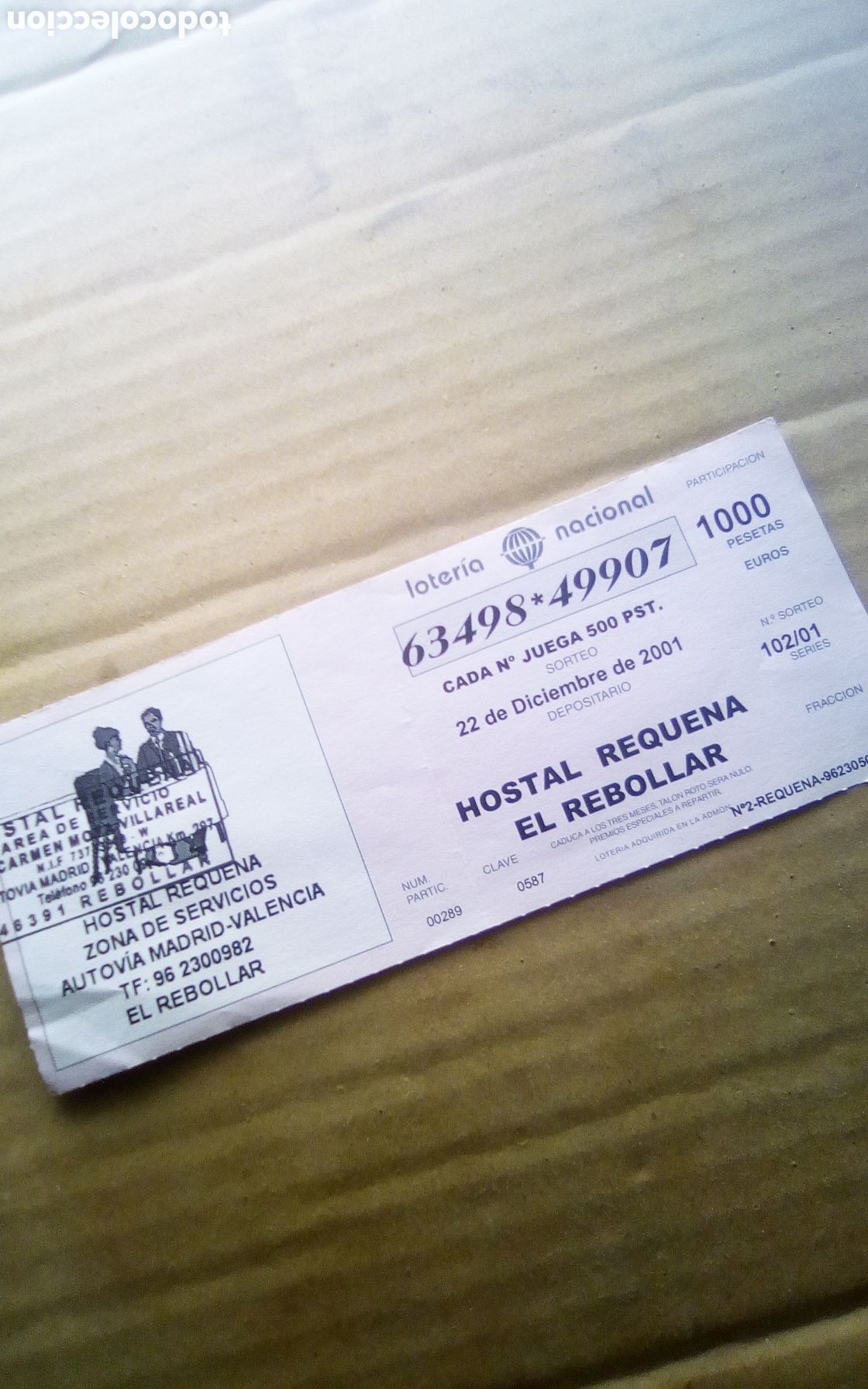Loter&iacute;a nacional: Papeleta participaci&oacute;n loter&iacute;a. Hostal Requena, El Rebollar. N&uacute;meros 63498 - 49907. Navidad 2001.