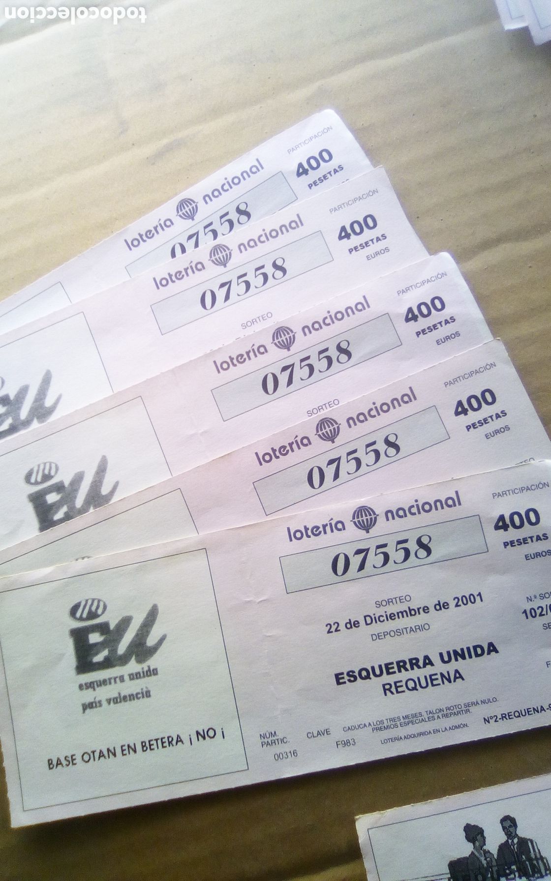 Loter&iacute;a nacional: Papeleta participaci&oacute;n loter&iacute;a. Esquerra Unida de Requena. N&uacute;mero 07558. Navidad 2001. Bases OTAN no
