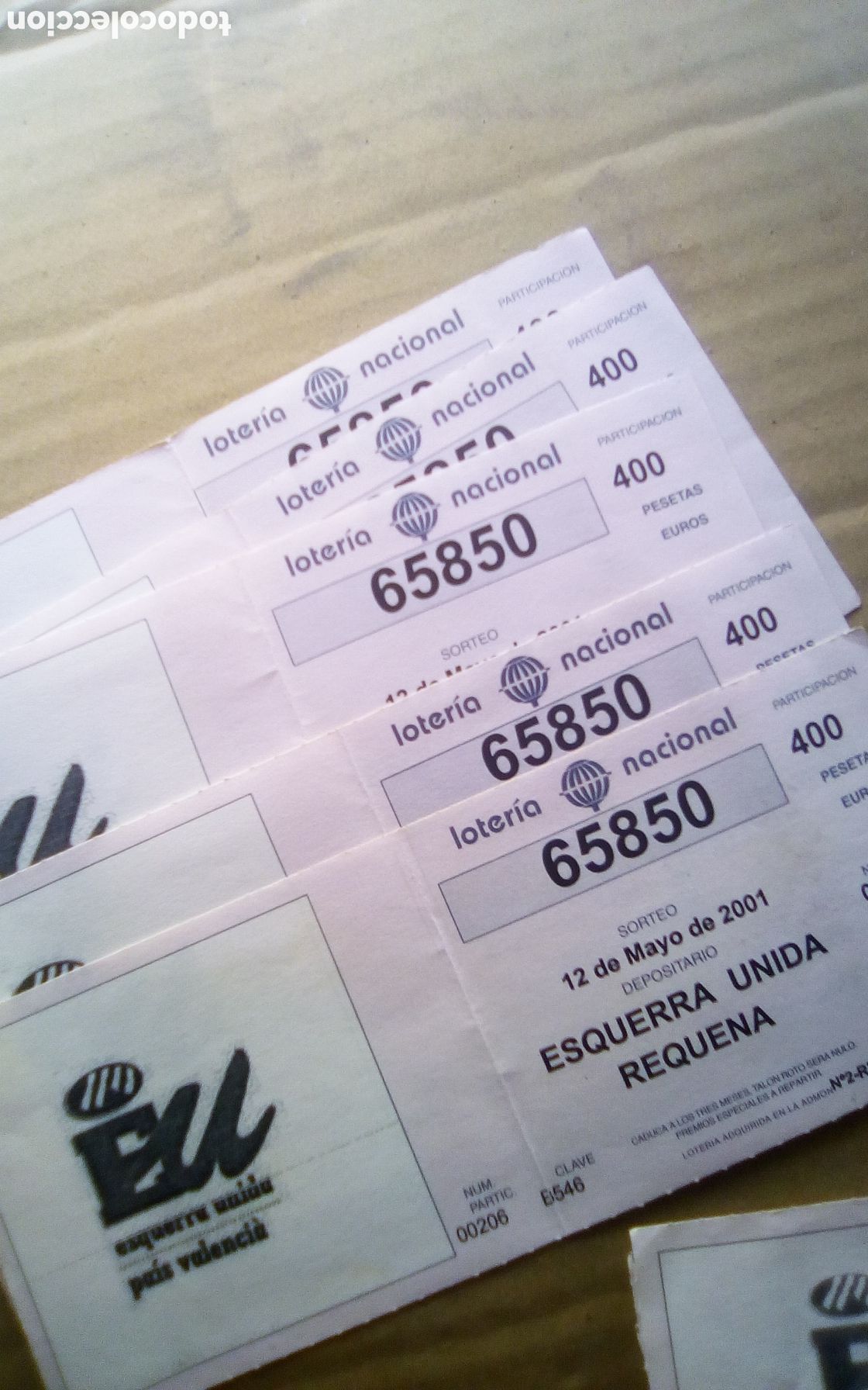 Lotaria Nacional: Papeleta participaci&oacute;n loter&iacute;a. Esquerra Unida de Requena. N&uacute;mero 65850. Navidad 2001. Solo una.