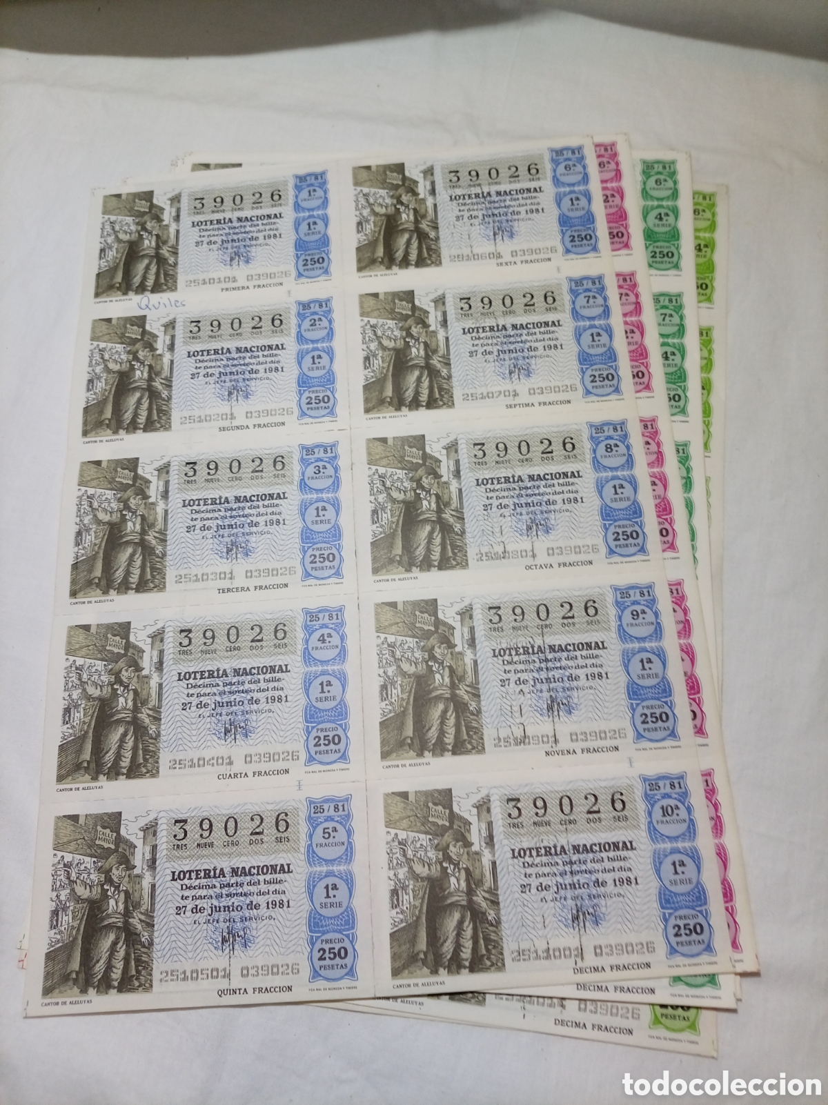 Loter&iacute;a nacional: 150 BILLETES LOTERIA NACIONAL 27/6/1981 N&deg; 39026 SERIES DE LA 1 A LA 15