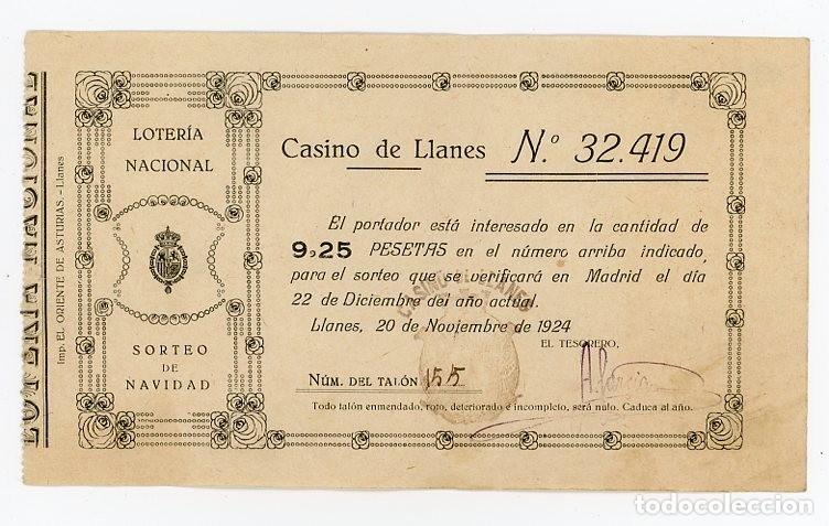Loter&iacute;a nacional: CASINO DE LLANES. ASTURIAS. LOTERIA DE NAVIDAD. 1924