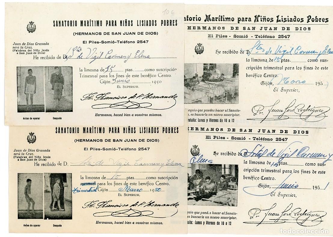 Loter&iacute;a nacional: GIJON. ASTURIAS. SANATORIO MARTIMO. Conjunto de 4 diferentes. LIMOSNA. 1950