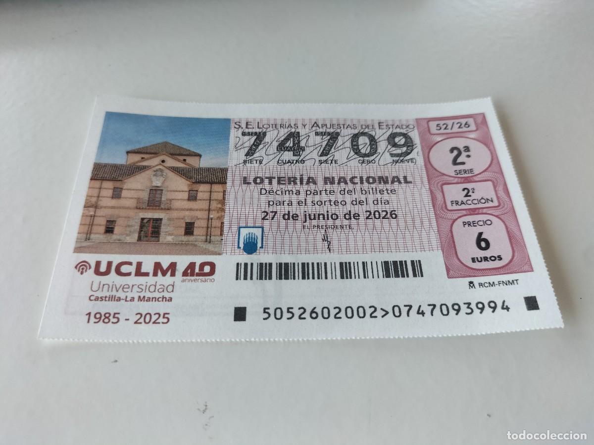 Nationale spanische Lotterie: 1 DECIMO LOTERIA NACIONAL SABADO 27 JUNIO 2026 52/26 UNIVERSIDAD CASTILLA LA MANCHA