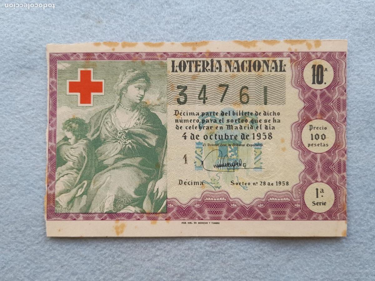 Loter&iacute;a nacional: D&eacute;cimo. Sorteo n&ordm; 28 de 1958. Cruz Roja. - Foto 1