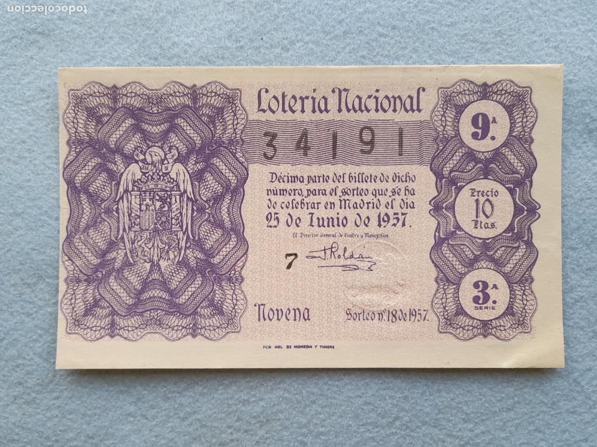 Loter&iacute;a nacional: D&eacute;cimo. Sorteo n&ordm; 18 de 1957. - Foto 1