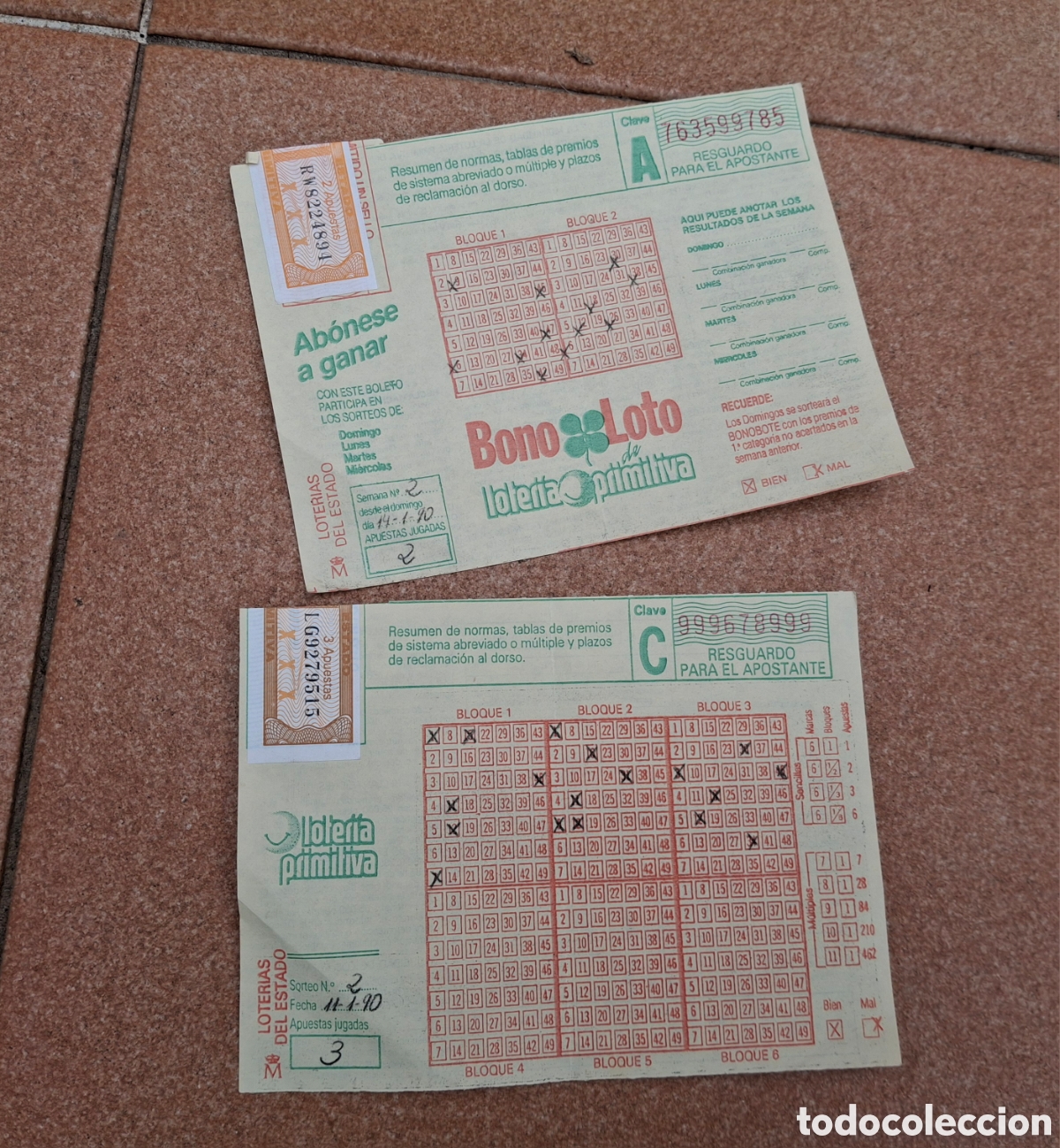 Loter&iacute;a nacional: DOS BOLETOS DE PRIMITIVA Y BONOLOTO DE 1990, SELLADOD
