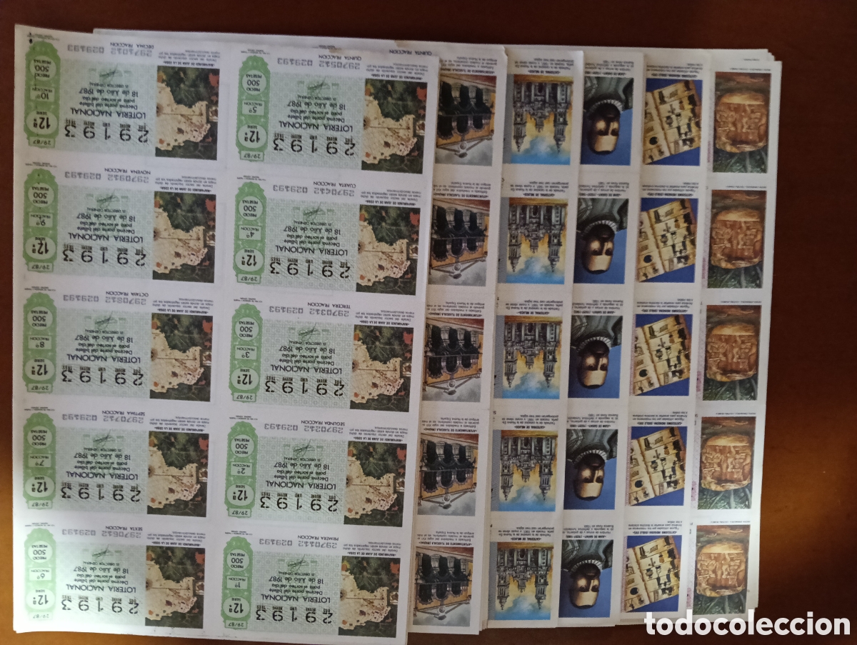 Loter&iacute;a nacional: Lote de m&aacute;s de 70 hojas completas de n&uacute;meros de loter&iacute;a de 1987 de varios temas, en buen estado casi