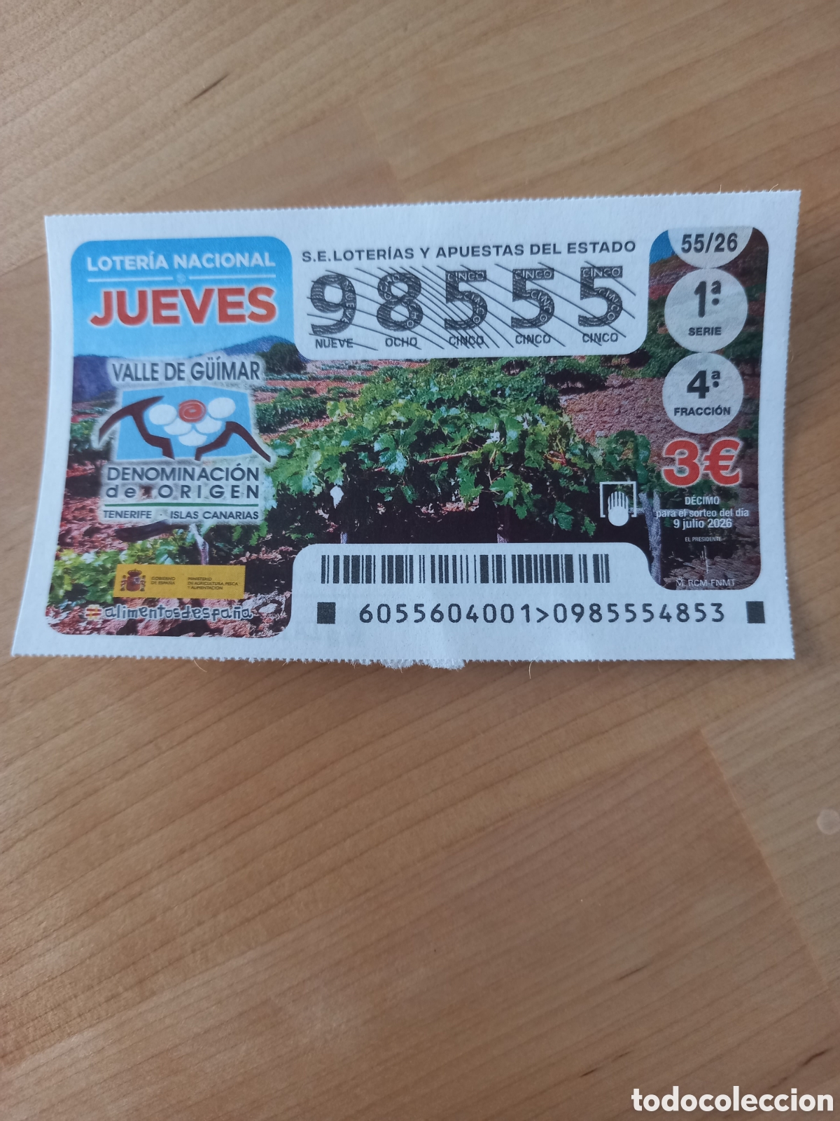 Loter&iacute;a nacional: LOTER&Iacute;A 9 JULIO 2026 - VALLE DE G&Uuml;&Iacute;MAR, DENOMINACI&Oacute;N DE ORIGEN. TENERIFE, ISLAS CANARIAS