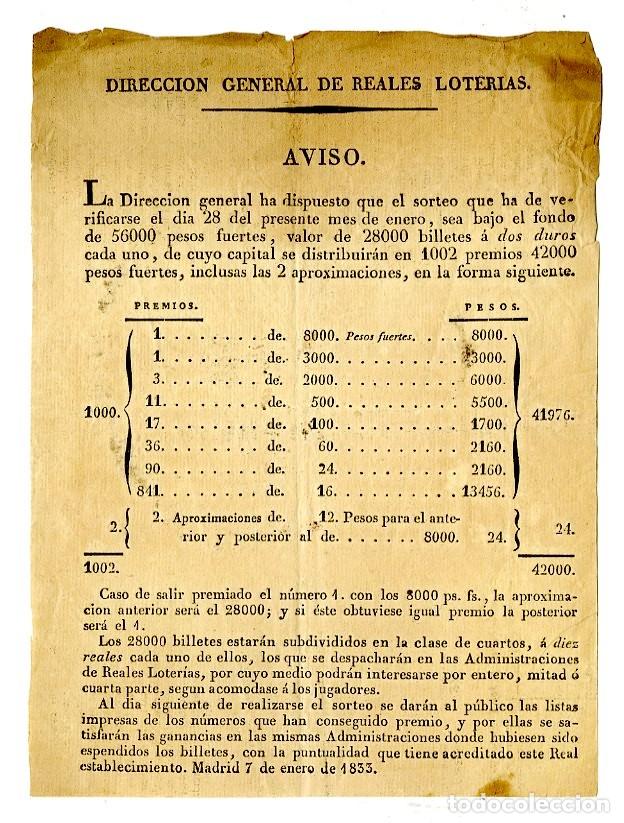 Loter&iacute;a nacional: Loter&iacute;a Nacional Navidad / Panfleto direcci&oacute;n general de reales loterias aviso, Madrid 7 enero 1833