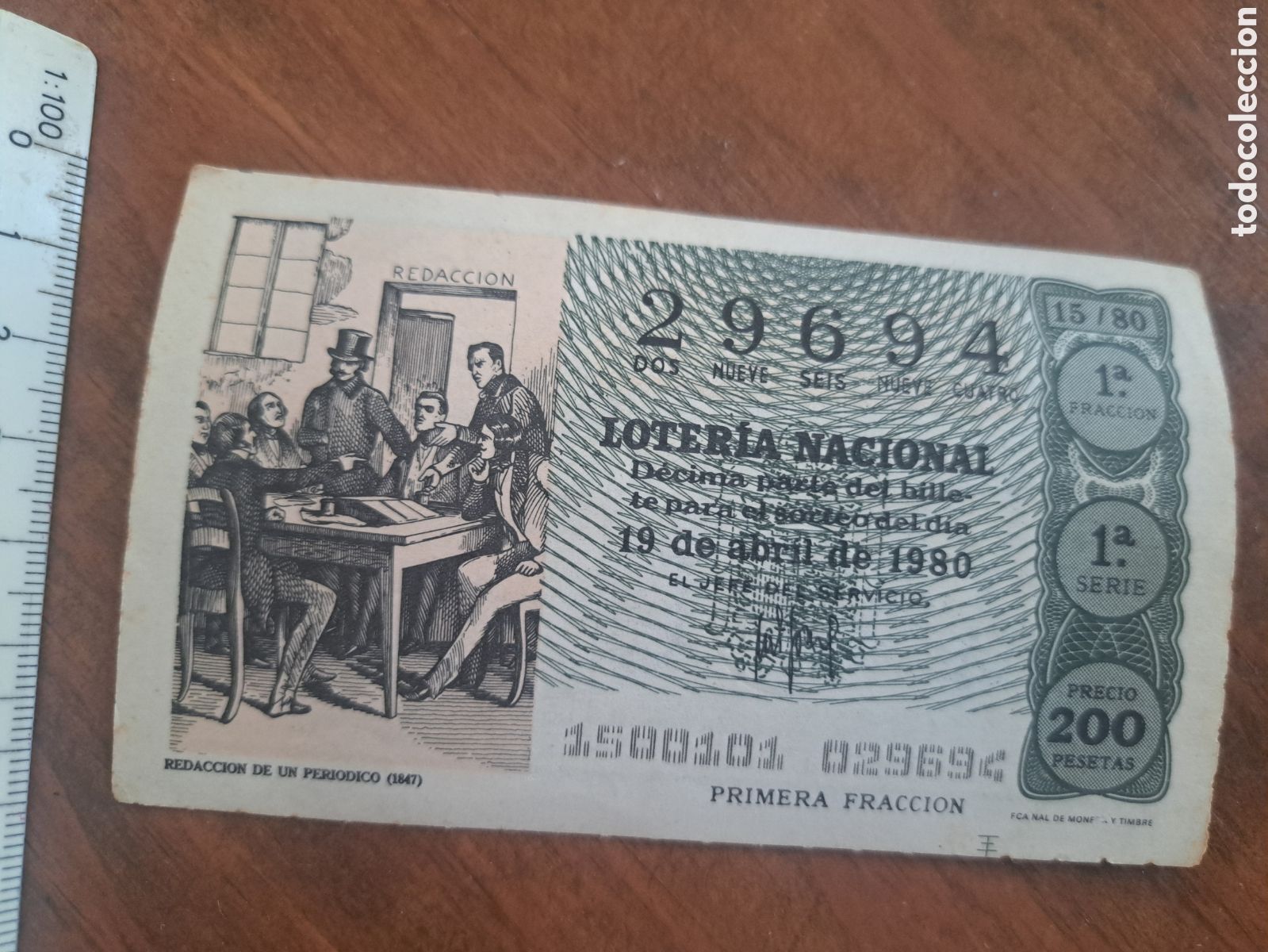 Loter&iacute;a nacional: Jml Loteria Nacional 29694 200 pesetas 19 abril 1980. Redaccion de un periodico