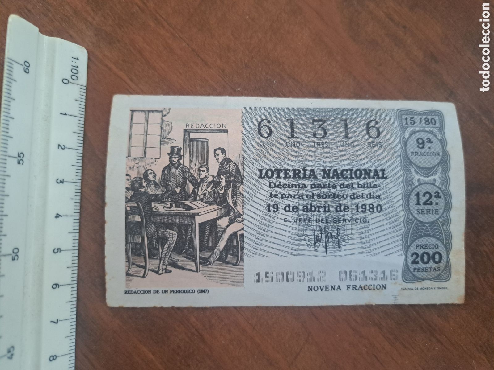 Loter&iacute;a nacional: Jml Loteria nacional 61316 200 pesetas 19 abril 1980, Rrdaccion de un periodico