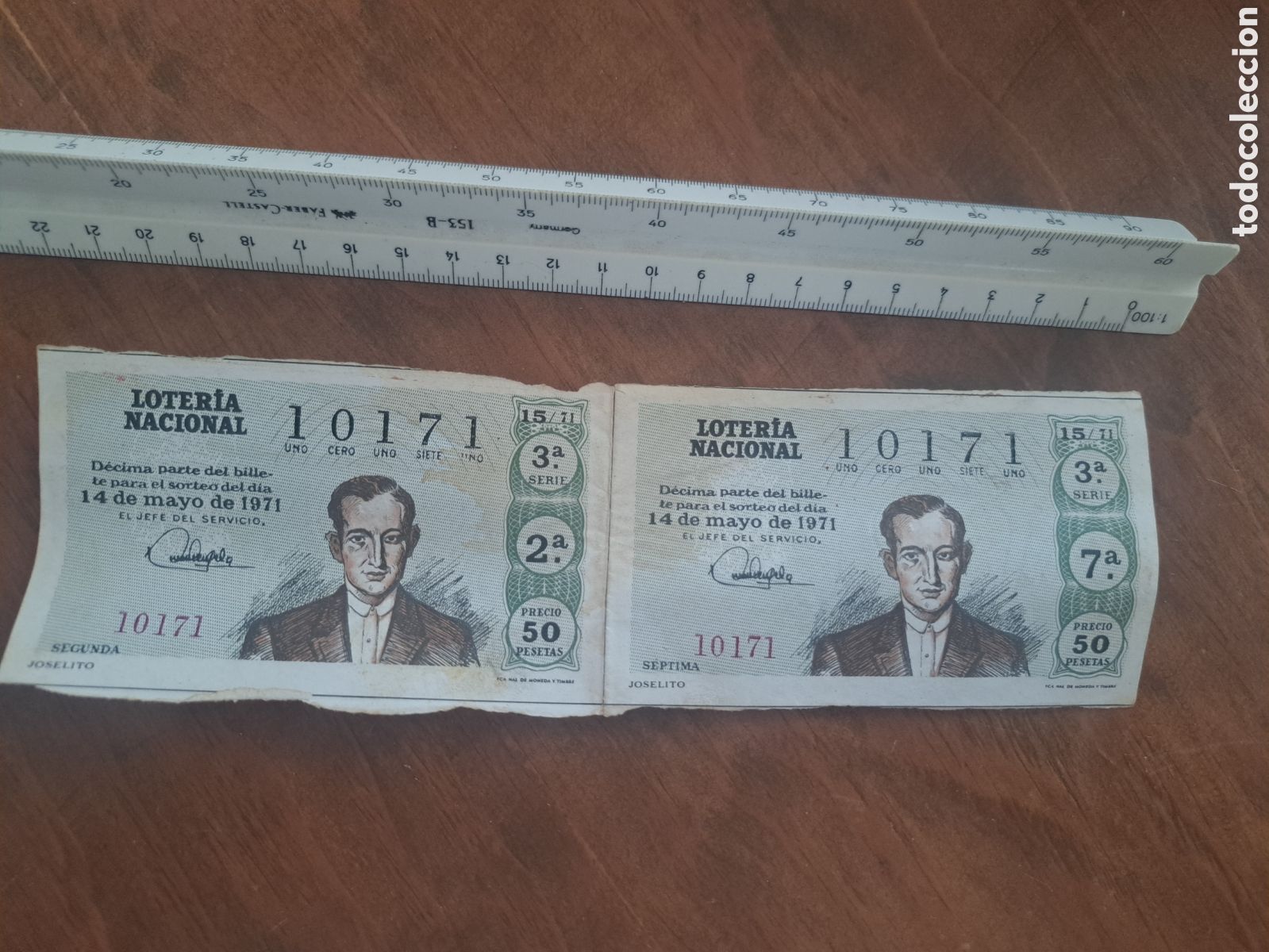 Loter&iacute;a nacional: Jml Loteria Nacional 2 billetes, 10171 50 pesetas 14 mayo de 1971, Joselito.