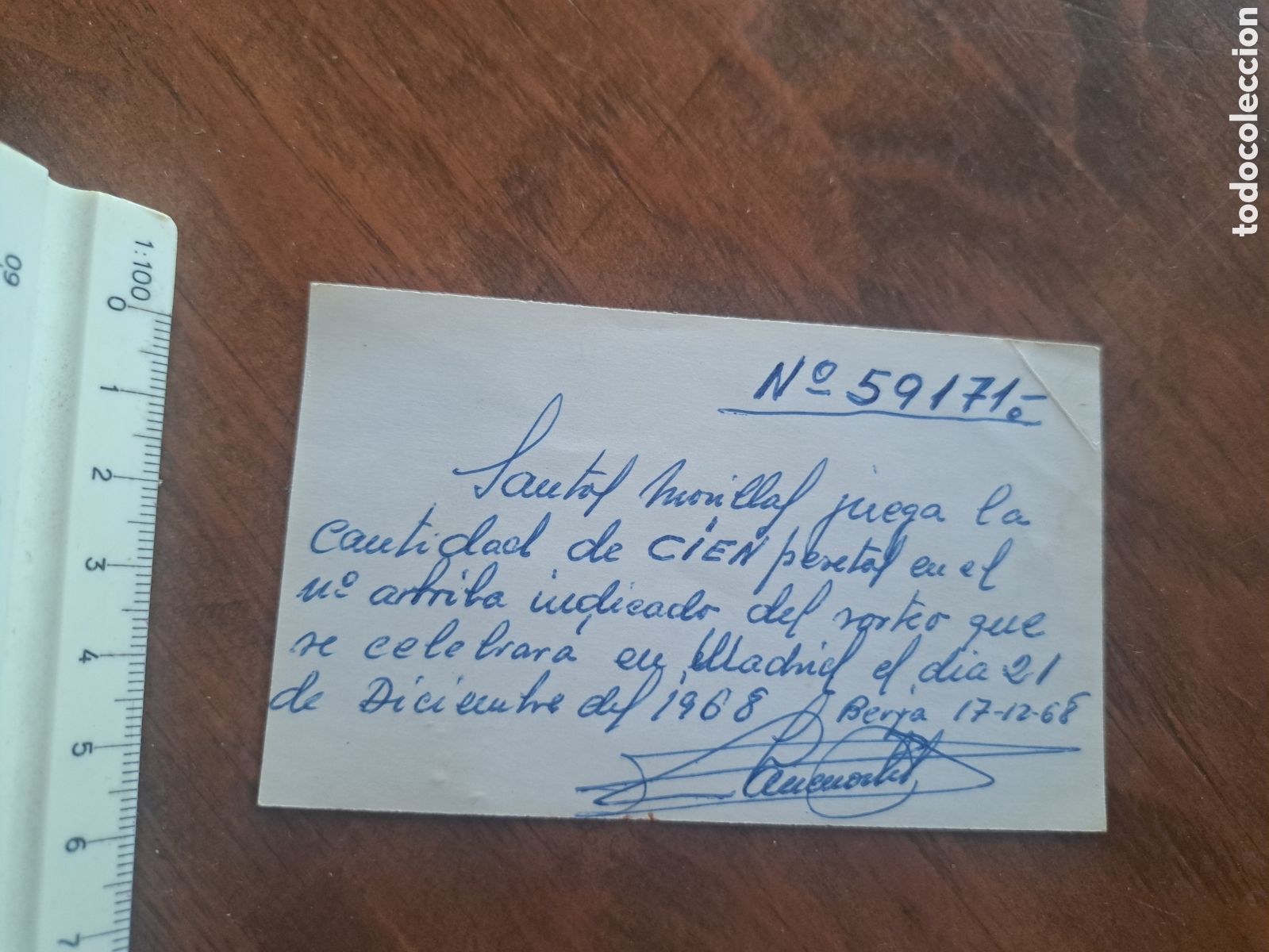 Loter&iacute;a nacional: Jml Participacion Sorteo Loteria a Mano, 59171, 100 pesetas. Berja, Almeria, a&ntilde;o 1968.