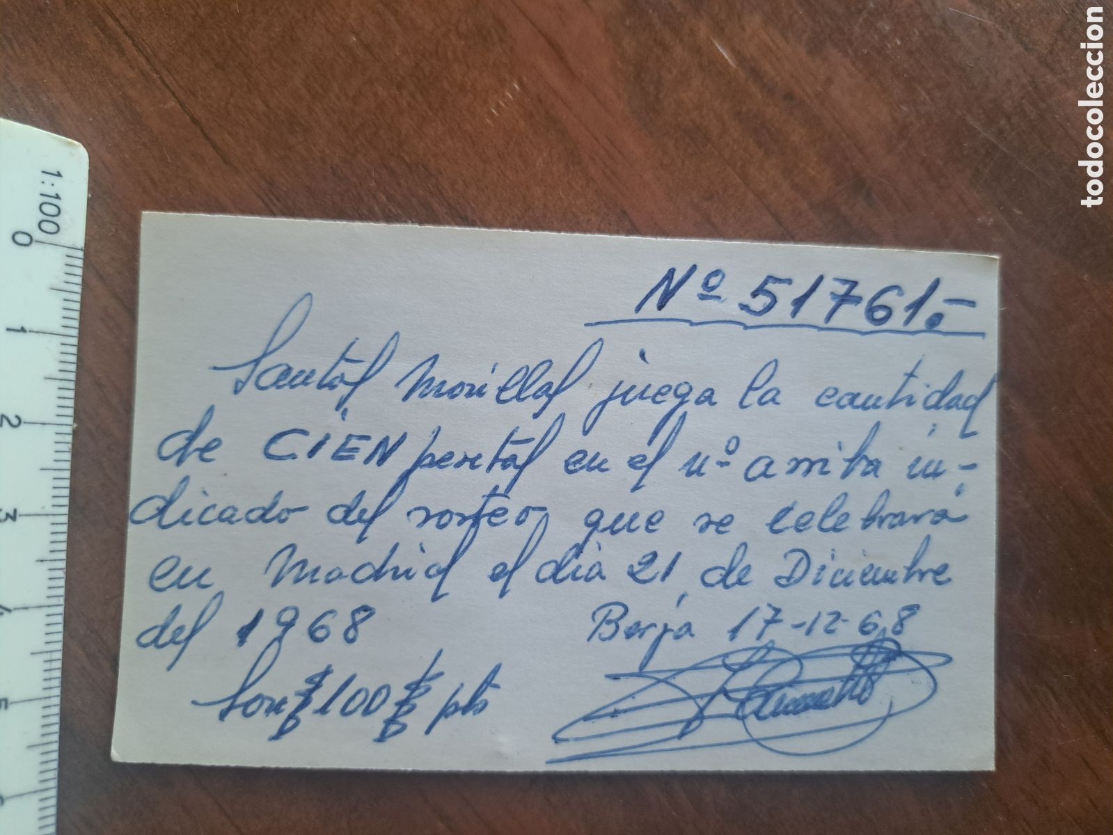 Loter&iacute;a nacional: Jml Participacion Sorteo Loteria a Mano, 51761, 100 pesetas. Berja, Almeria, a&ntilde;o 1968