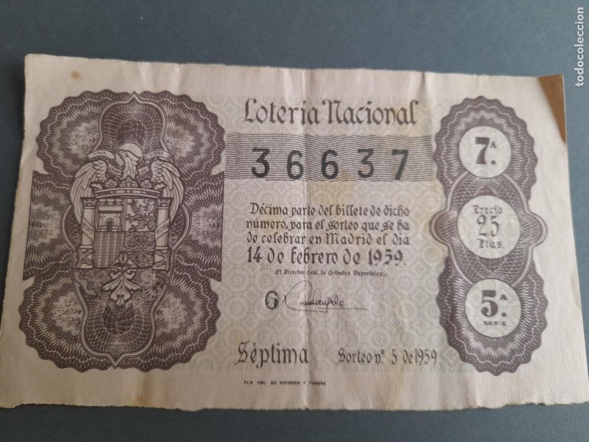 Loter&iacute;a nacional: Loteria nacional , d&eacute;cima febrero 1959, sorteo 5