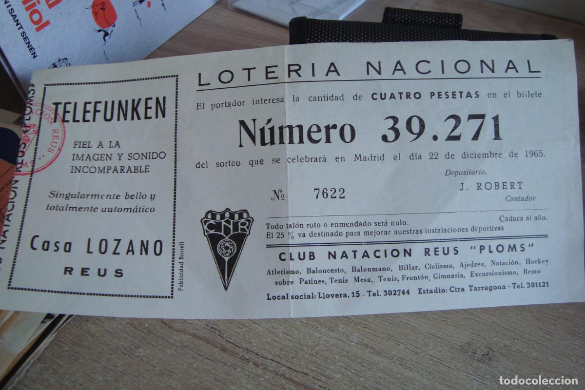 Loter&iacute;a nacional: ANTIGUA PARTICIPACION LOTERIA CLUB NATACION REUS PLOMS 1965. CASA LOZANO TELEFUNKEN