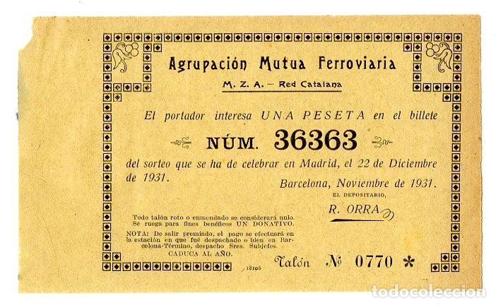 Loter&iacute;a nacional: Loteria Agrupaci&oacute;n Mutua Ferroviaria M.Z.A. - Red Catalana 1931