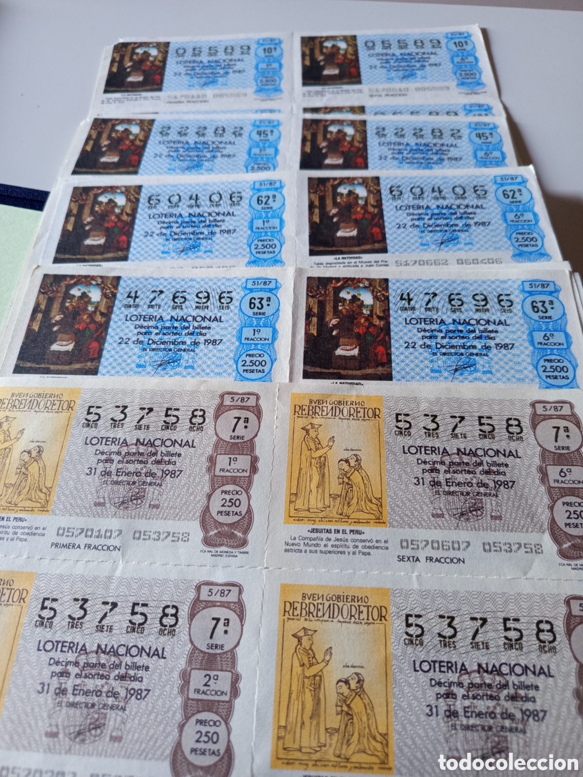 Loter&iacute;a nacional: 11 billetes completos loter&iacute;a nacional de 1987. Distintos n&uacute;meros y dorteos