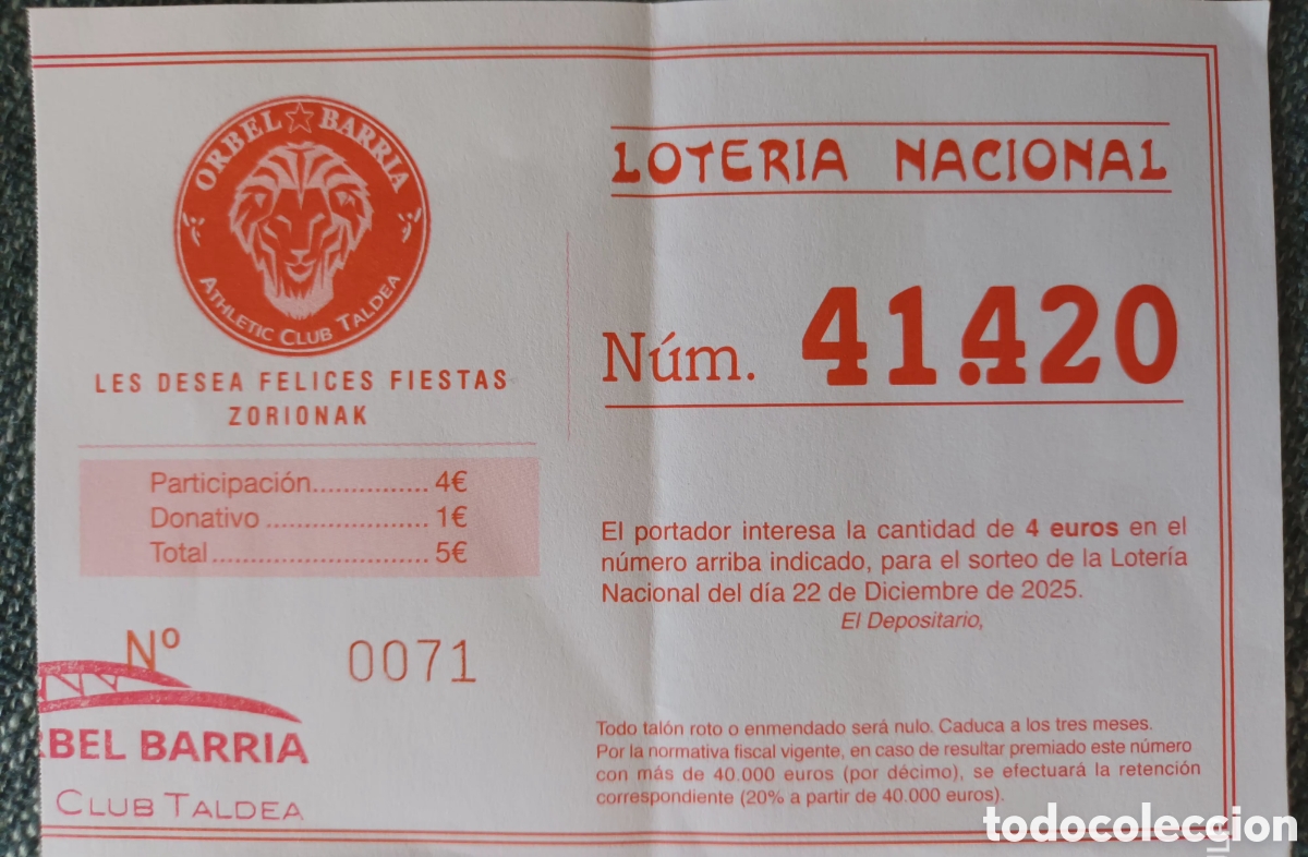 Loter&iacute;a nacional: PARTICIPACI&Oacute;N LOTER&Iacute;A. PE&Ntilde;A ATHLETIC CLUB BILBAO