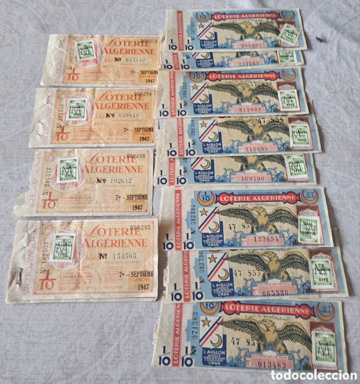 Loter&iacute;a nacional: Lote 16 D&eacute;cimos Loter&iacute;a Argelina 1947 y &Eacute;poca Colonial Francesa - Banque Chabasseur Or&aacute;n / Argel