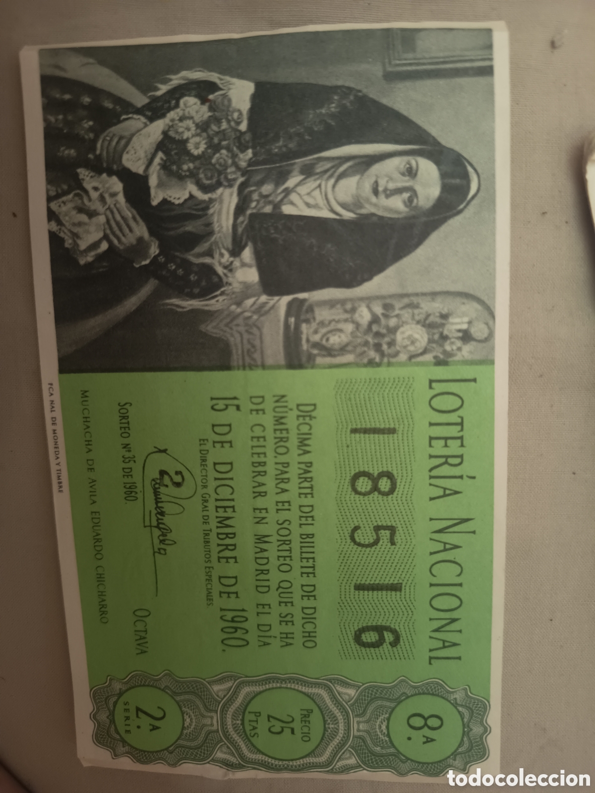 Loter&iacute;a nacional: D&eacute;cimo Loter&iacute;a Nacional - Sorteo 35 de 1960 - N&ordm; 18516 - Muchacha de &Aacute;vila