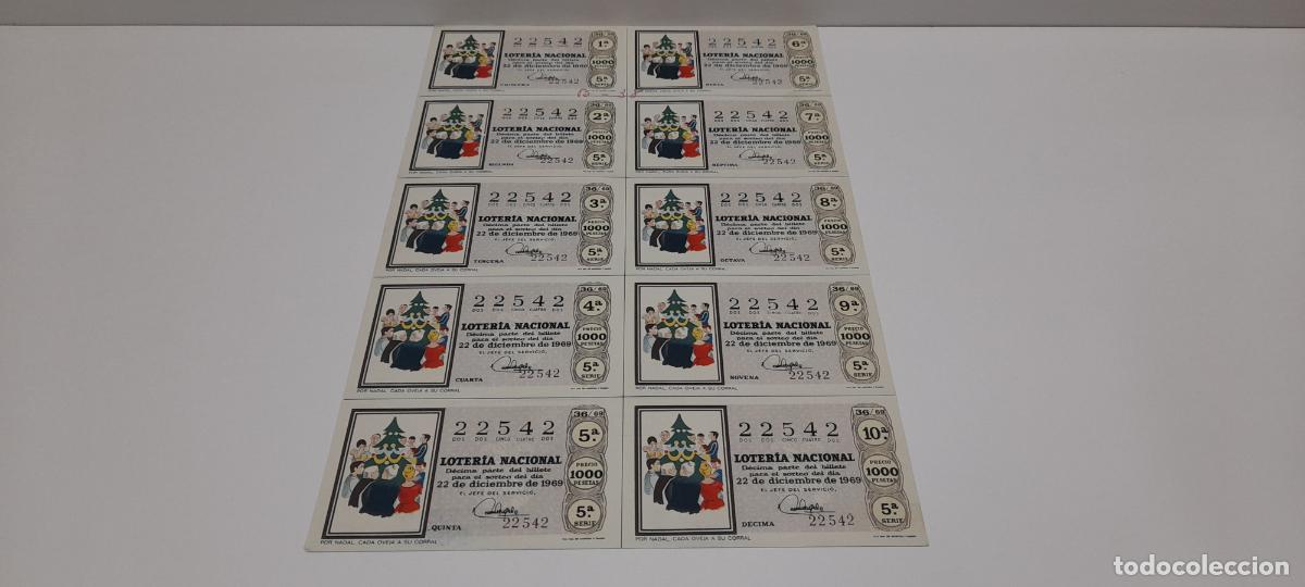 Loter&iacute;a nacional: PLIEGO / SERIE COMPLETA DE 10 DECIMOS DE LOTERIA NACIONAL - SORTEO DE NAVIDAD N&ordm; 22542 . A&Ntilde;O 1969