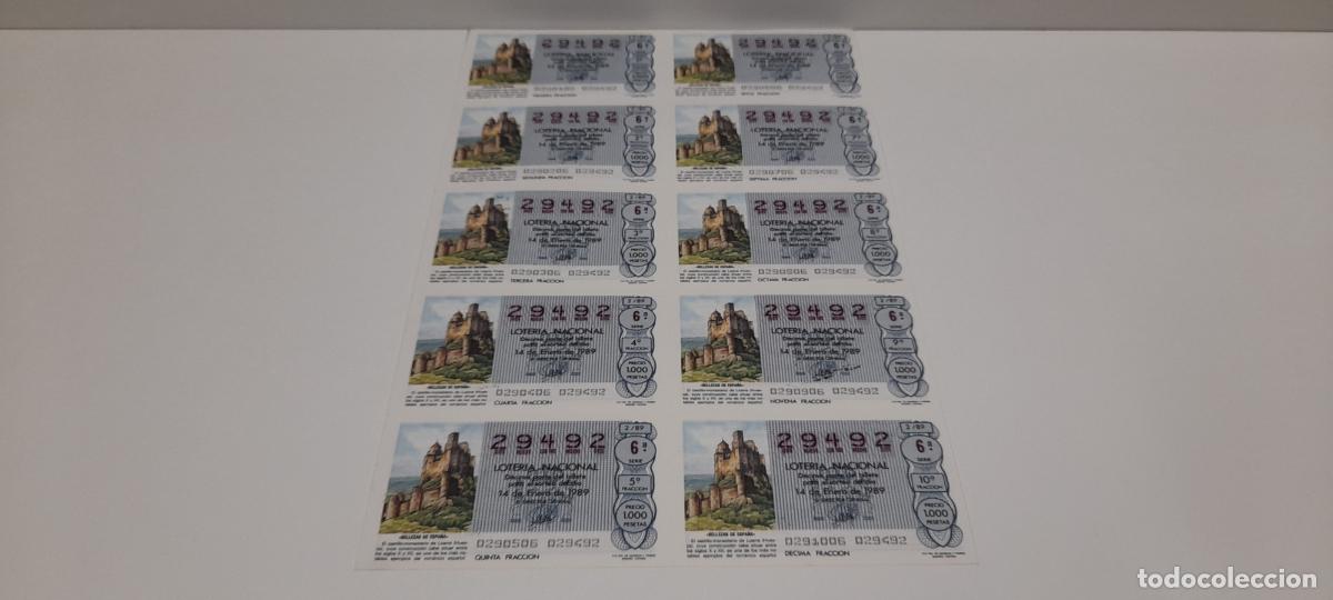 Loter&iacute;a nacional: PLIEGO SERIE COMPLETA DE 10 DECIMOS DE LOTERIA NACIONAL N&ordm; 29492 . CASTILLO LOARRE HUESCA . A&Ntilde;O 1989