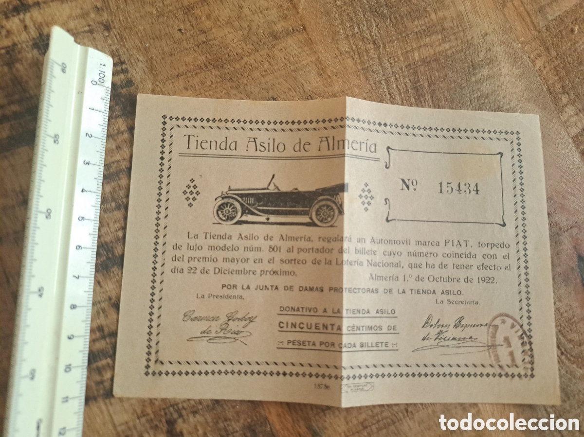 Loter&iacute;a nacional: Jml Participacion de loteria. Tienda Asilo de Almeria. Almeria 1922. N&deg; 15434