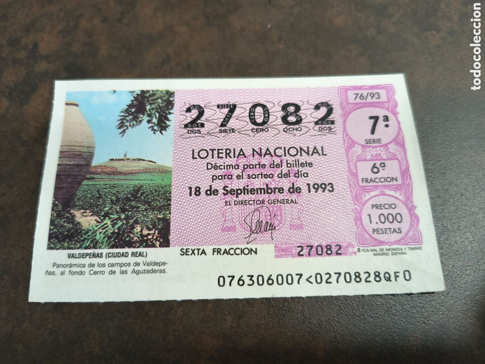 Loter&iacute;a nacional: DECIMO DE LA LOTERIA NACIONAL. SORTEO 18 SEPTIEMBRE 1993 76/93 VALDEPE&Ntilde;AS. CIUDAD REAL
