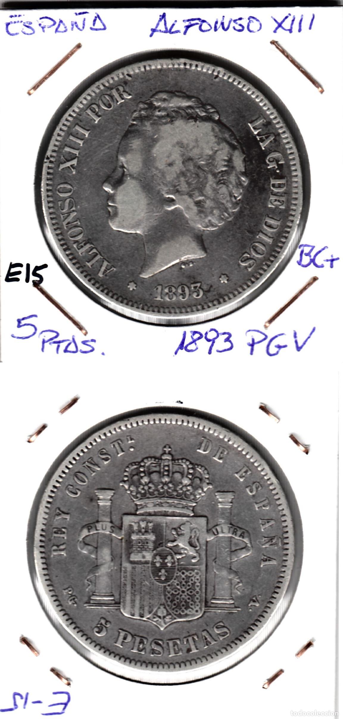 Loter&iacute;a nacional: E0015 MONEDA 5 PESETAS 1893 PGV BC ALFONSO XIII