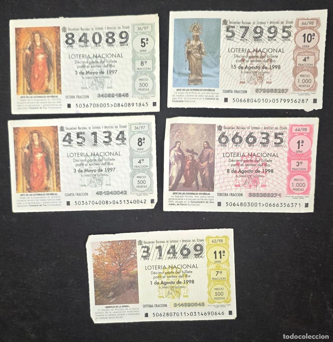 Loter&iacute;a nacional: Lote de 5 D&eacute;cimos Loter&iacute;a Nacional 1997-1998 | Arte en Catedrales Espa&ntilde;olas y Paisajes