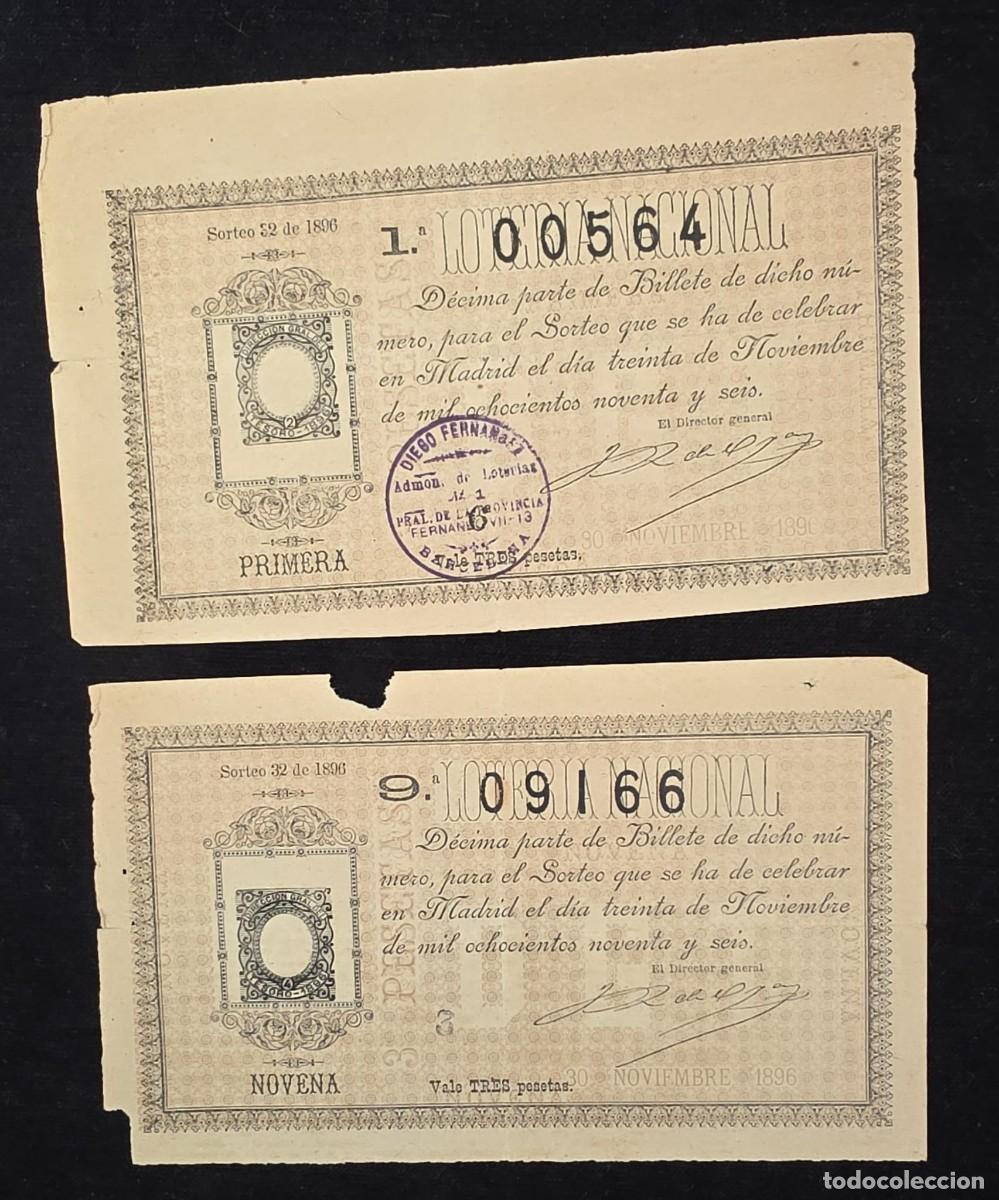 Loter&iacute;a nacional: Lote 2 D&eacute;cimos Loter&iacute;a Nacional 1896 | Sorteo 52 | 30 Noviembre 1896 | Originales Siglo XIX