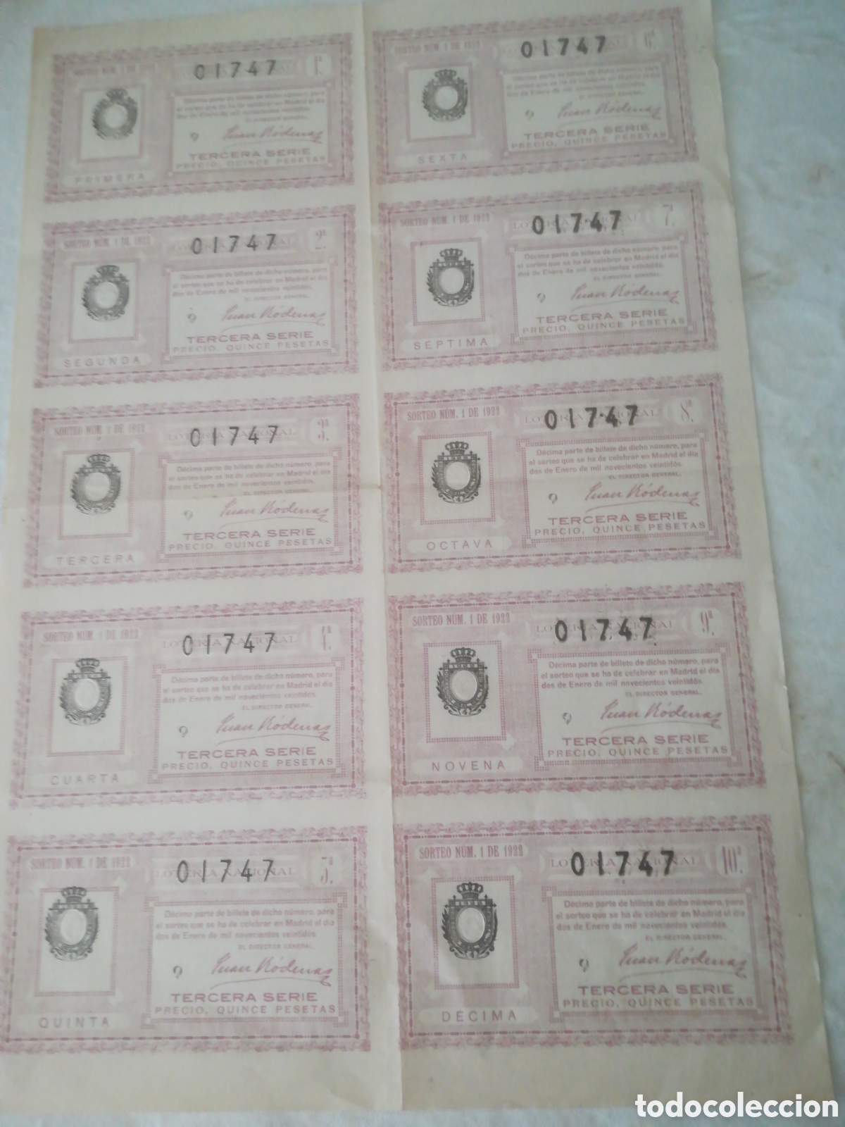 Loter&iacute;a nacional: Loter&iacute;a Billete de 1922 sorteo 1