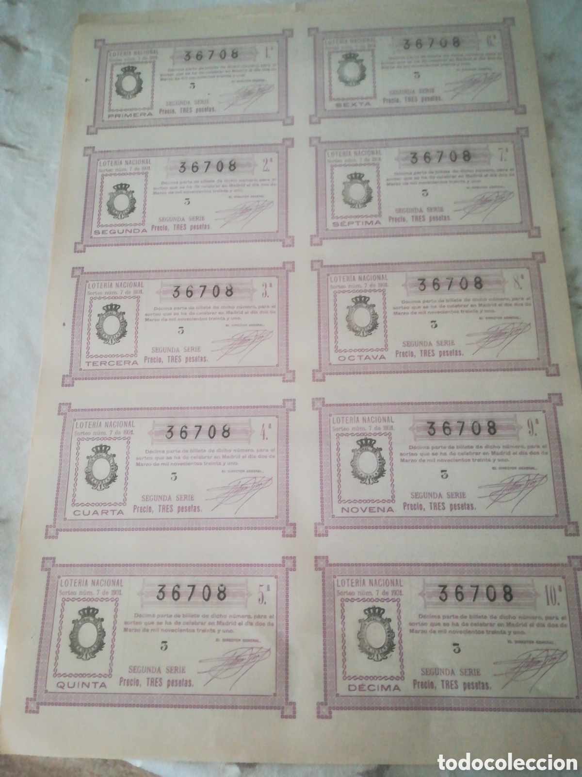Loter&iacute;a nacional: Loter&iacute;a Billete de 1931 sorteo 7
