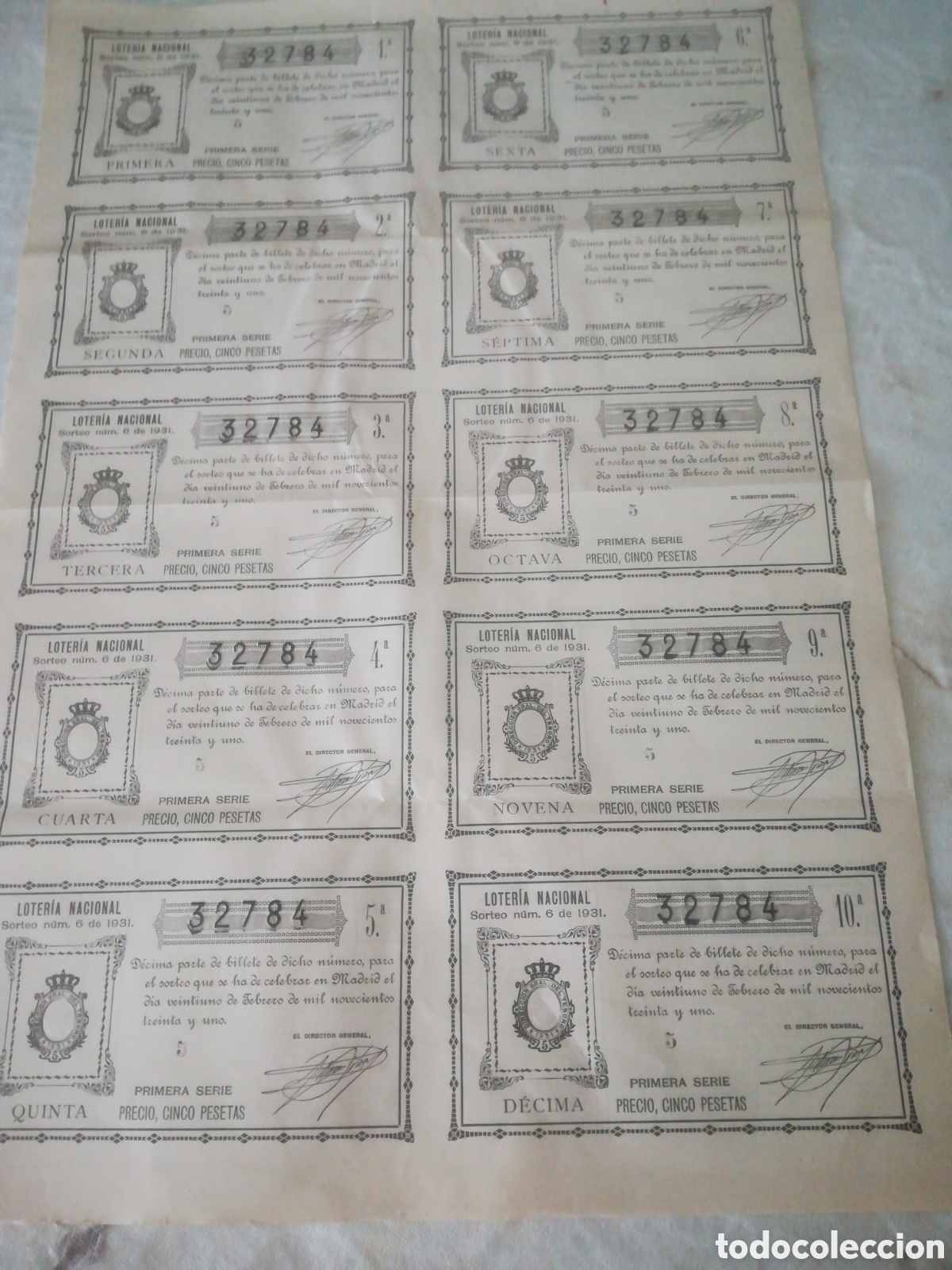 Loter&iacute;a nacional: Loter&iacute;a Billete de 1931 sorteo 6