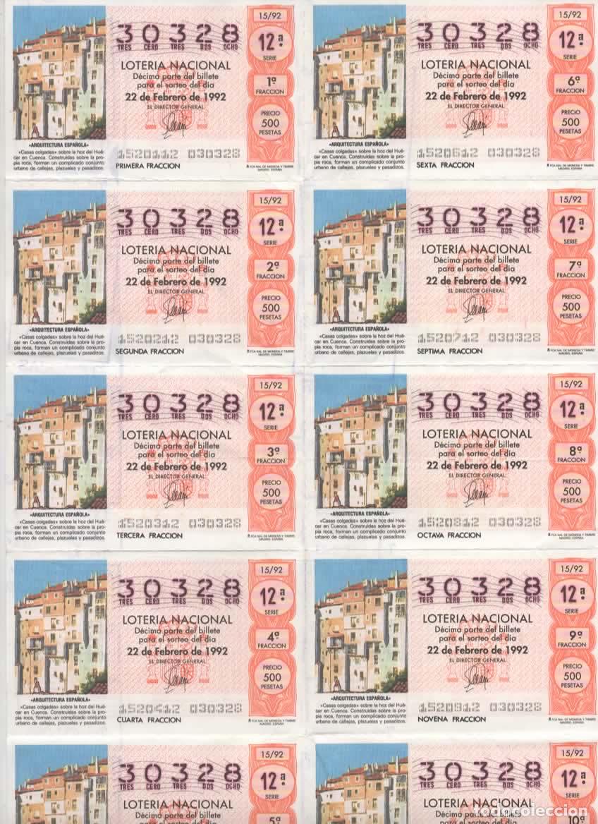 Loter&iacute;a nacional: LOTER&Iacute;A NACIONAL DEL SABADO - BILLETE DEL SORTEO 15 DEL 1992- EN PERFECTO ESTADO -