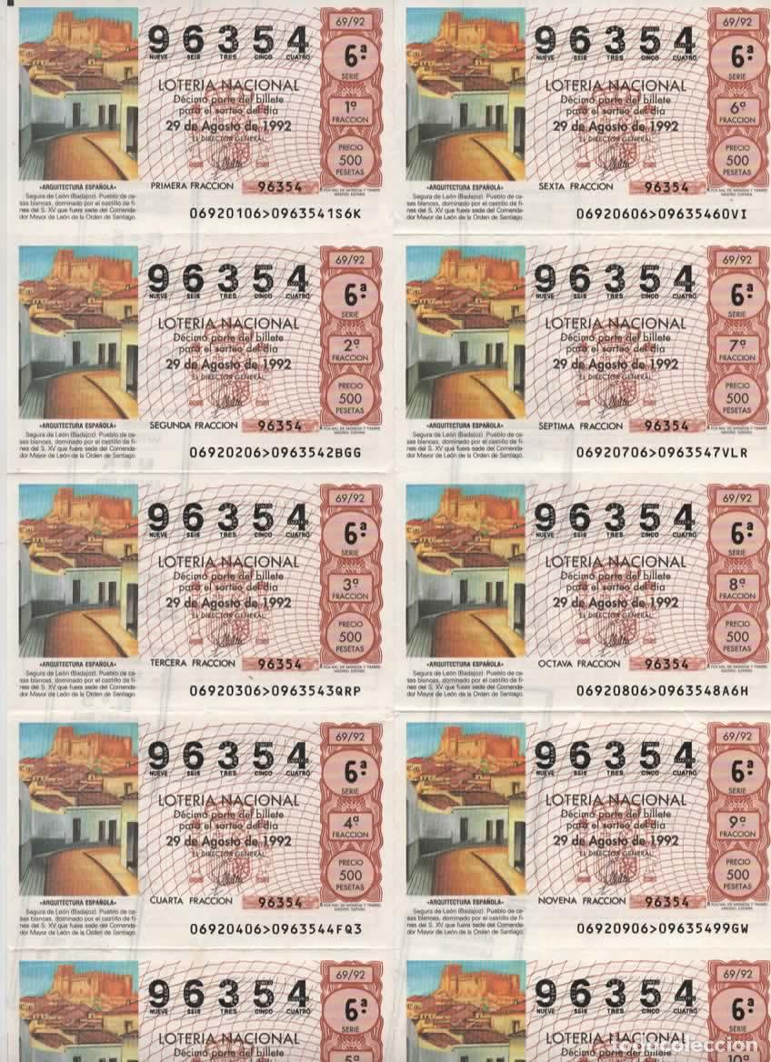 Loter&iacute;a nacional: LOTER&Iacute;A NACIONAL DEL SABADO - BILLETE DEL SORTEO 69 DEL 1992- EN PERFECTO ESTADO -
