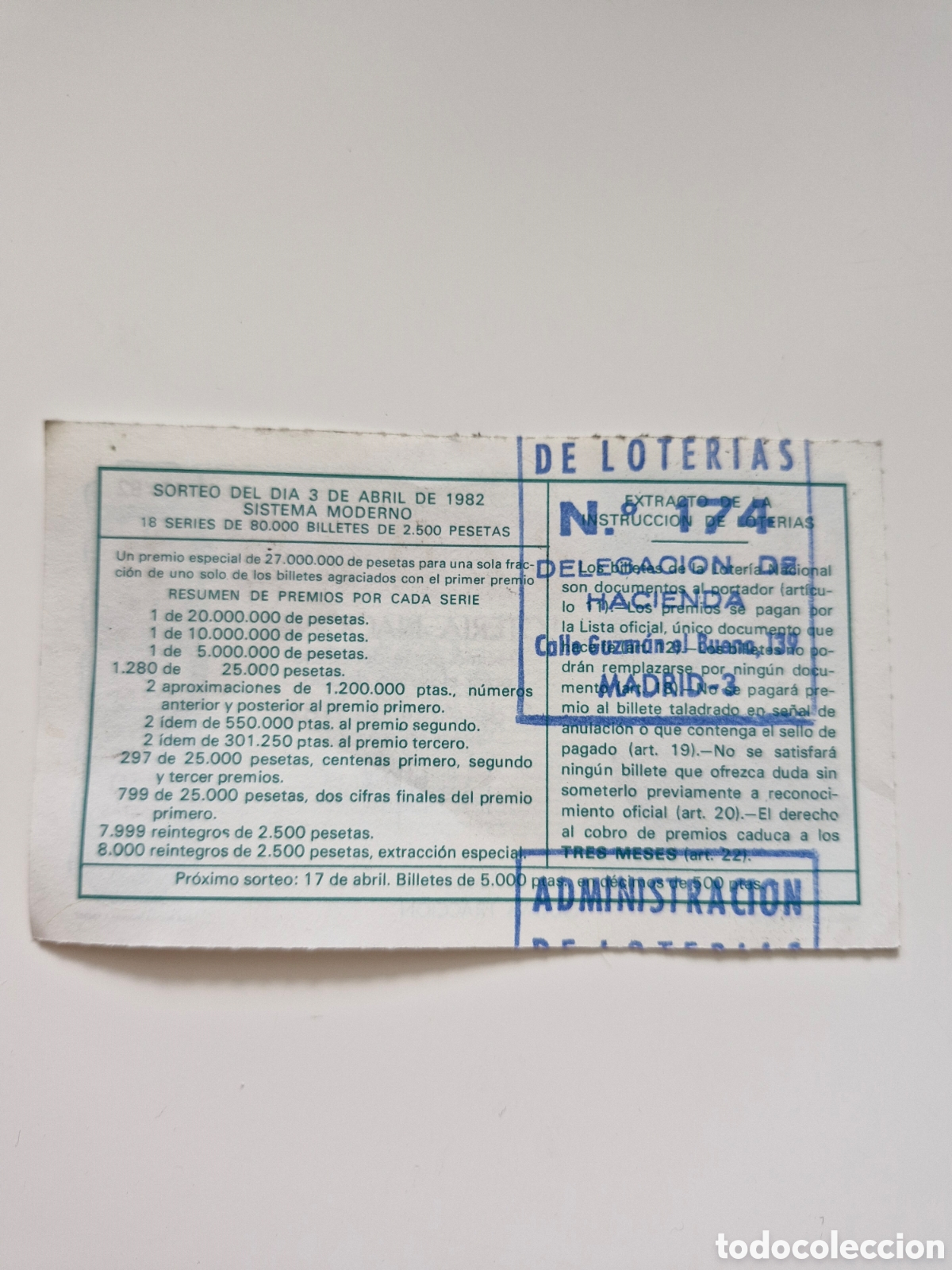 Loter&iacute;a nacional: D&eacute;cimo coleccion 3 abril 1982. - Foto 2