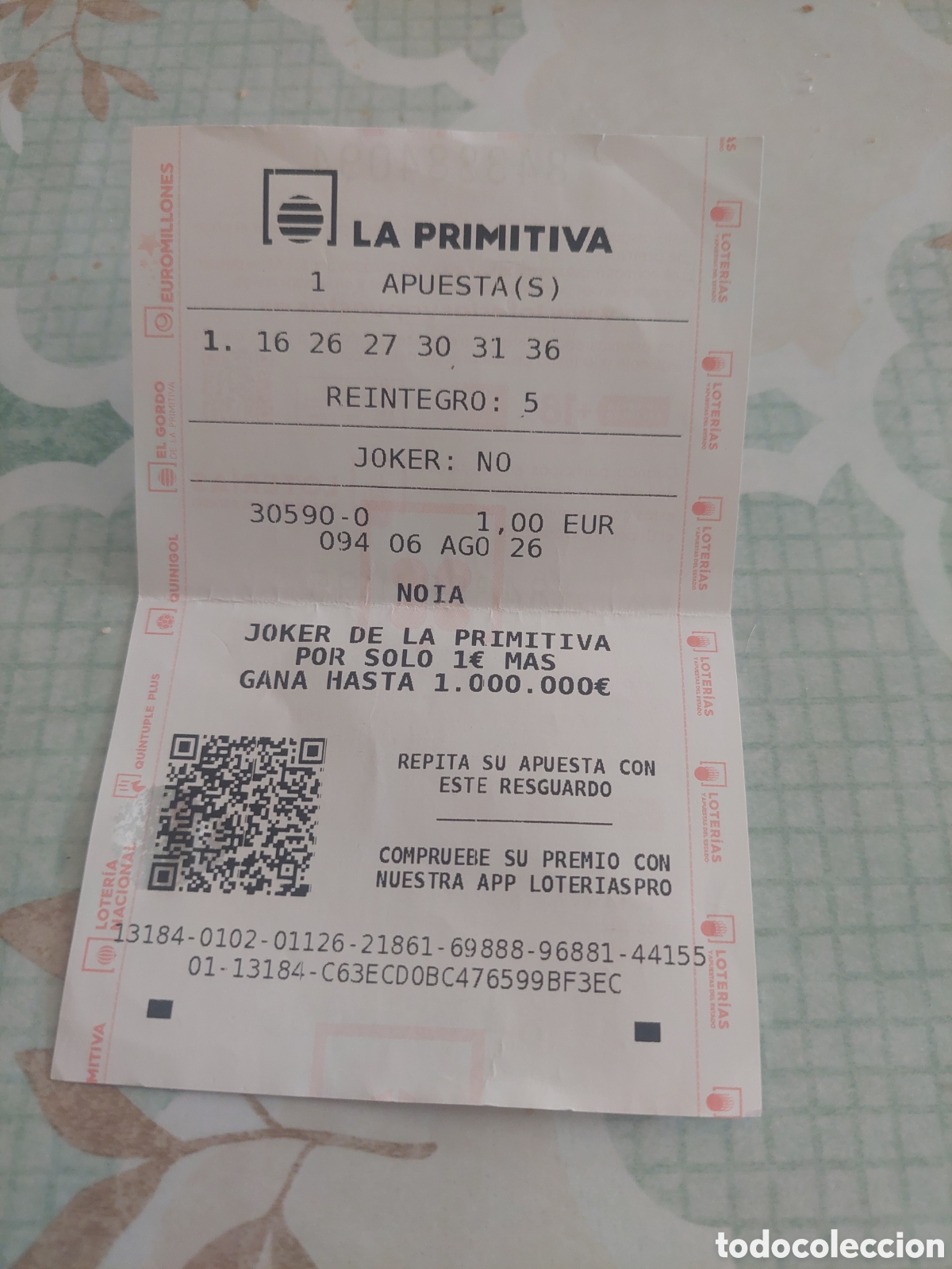 Loter&iacute;a nacional: BOLETO LA PRIMITIVA NOIA LA CORU&Ntilde;A