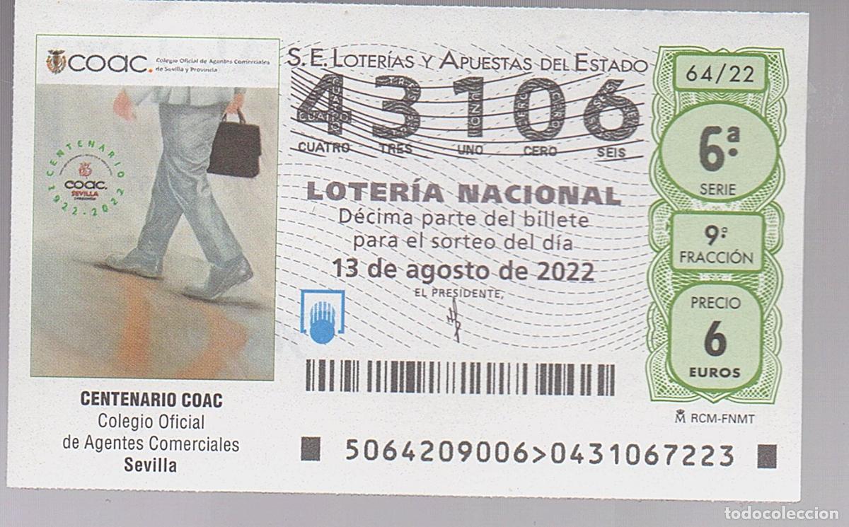 Loter&iacute;a nacional: LOTER&Iacute;A NACIONAL DEL SABADO - SORTEO 64 DEL 2022 - CENTENARIO COLEGIO AGENTES COMERCIALES -