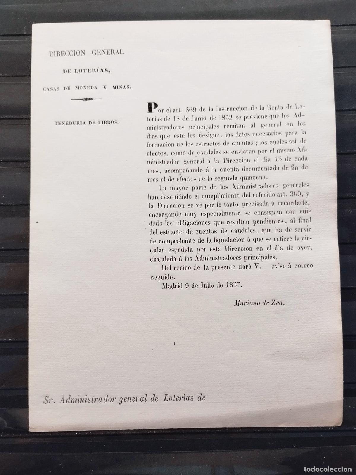 National Spanish Lottery: FAC - DOCUMENTO DE LOTERIA NACIONAL. TENEDURIA DE LIBROS. 1857. MADRID