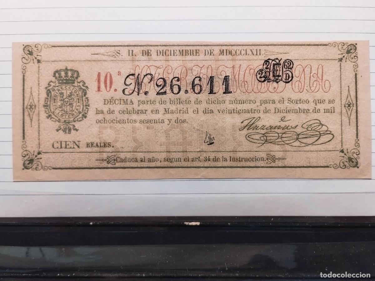 Loterie Nationale: FAC - DECIMO DE LOTERIA NACIONAL. A&Ntilde;O 1862. MADRID. 100 REALES. MUY LIGERA DOBLEZ. LEER DESCRIPCION