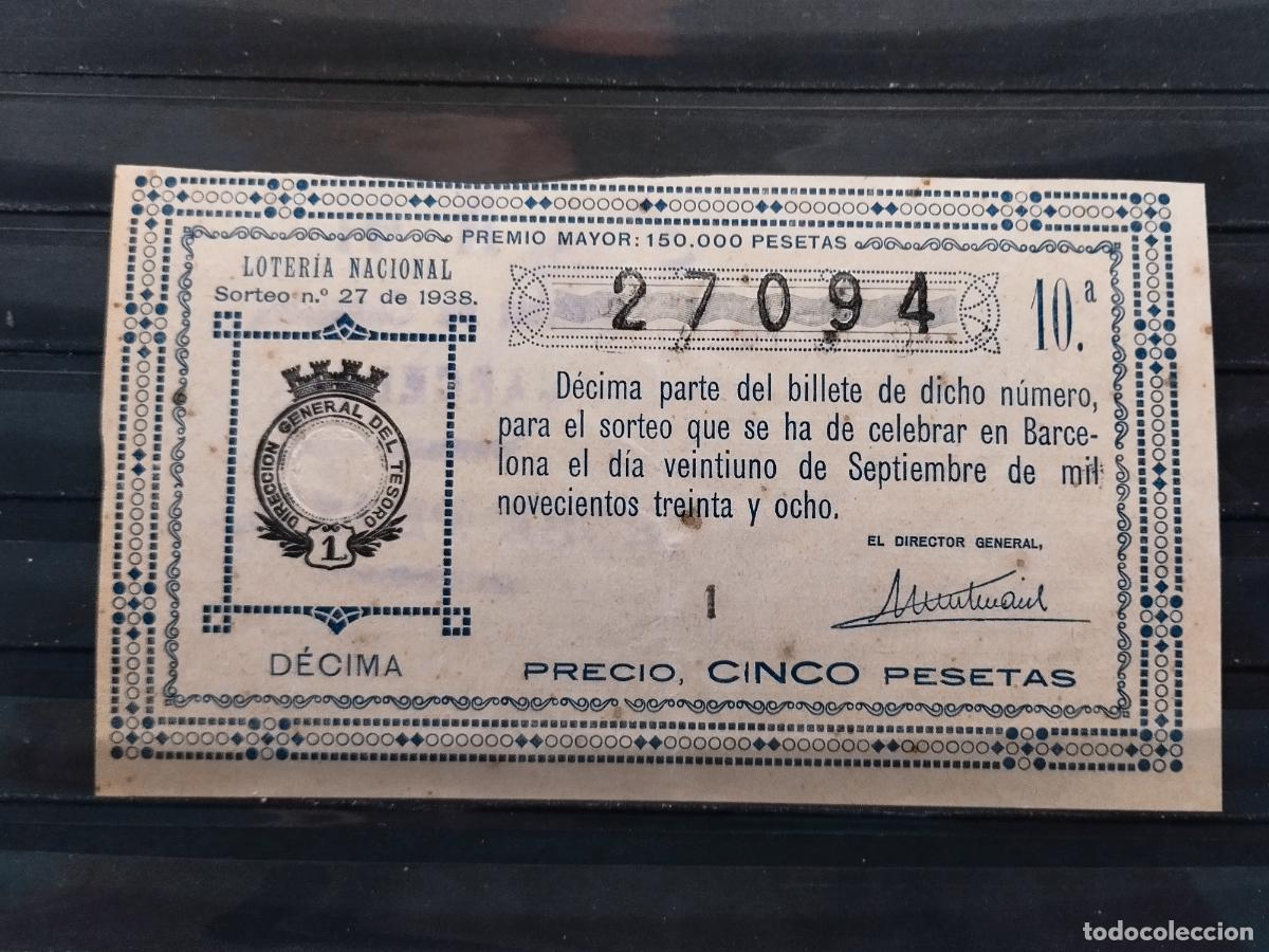 Nationale spanische Lotterie: FAC - DECIMO LOTERIA NACIONAL. A&Ntilde;O 1938 SORTEO 27 BARCELONA. LIGERA DOBLEZ Y MANCHITAS