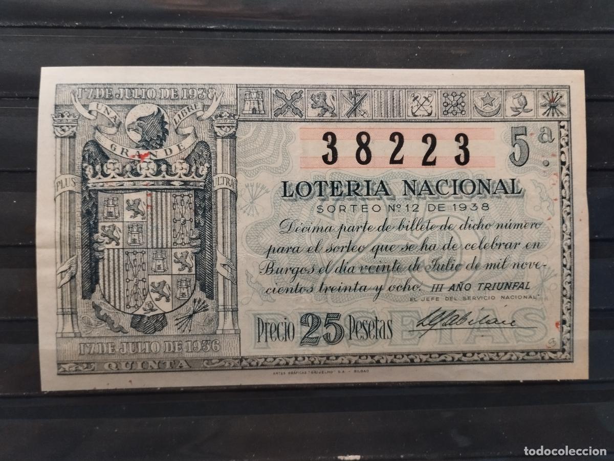 Nationale spanische Lotterie: FAC - DECIMO LOTERIA NACIONAL 1938. BURGOS SORTEO N&ordm; 12. INFIMA DOBLEZ Y ALGUNA MANCHITA